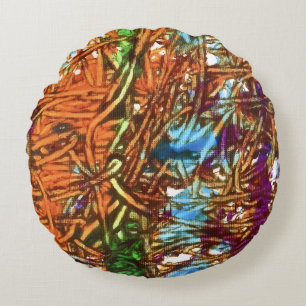 Cojín Redondo Arte de mármol naranja, verde, azul y morado