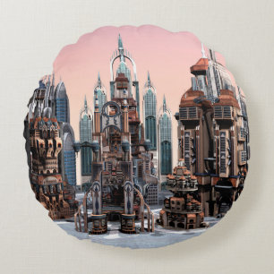 Cojín Redondo Arte de paisaje urbano de fantasía futurista paste