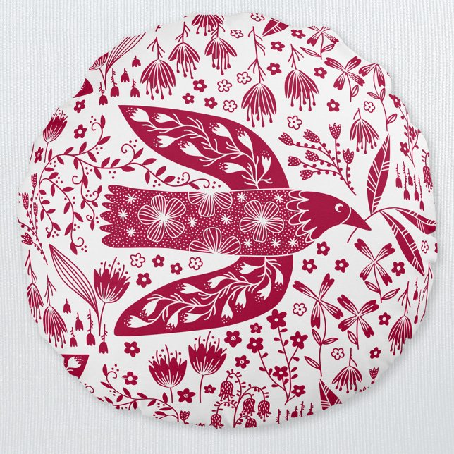 Cojín Redondo Arte de pájaro rojo (Red and white peace dove folk art pillow)