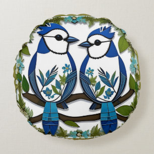 Cojín Redondo Arte de papel de pájaros arrendajos azules
