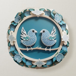 Cojín Redondo Arte de papel de pájaros arrendajos azules