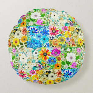 Cojín Redondo Arte de patchwork floral Flores de acuarela
