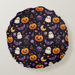 Cojín Redondo Arte de patrón de gato fantasma calabaza de Hallow