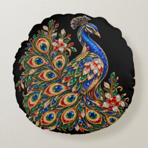 Cojín Redondo Arte de Pavo Real de Cristal Majestuoso