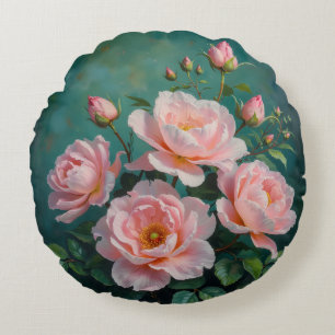Cojín Redondo Arte de peonías rosadas sobre verde esmeralda