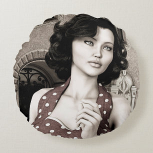 Cojín Redondo Arte de retrato de mujer con glamour vintage