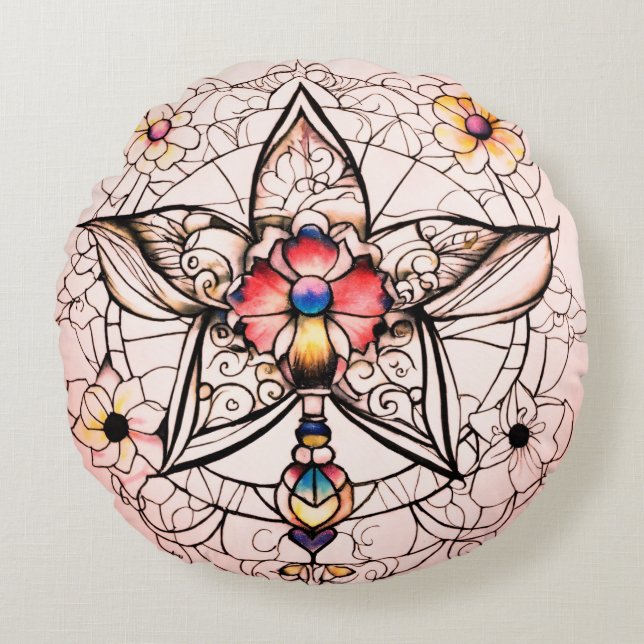 Cojín Redondo Arte de tatuaje infantil con líneas limpias (Anverso)