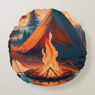 Cojín Redondo Arte de Tent and Campfire de colores antiguos