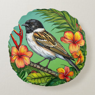 Cojín Redondo Arte de un ave tropical exótica con flores del par
