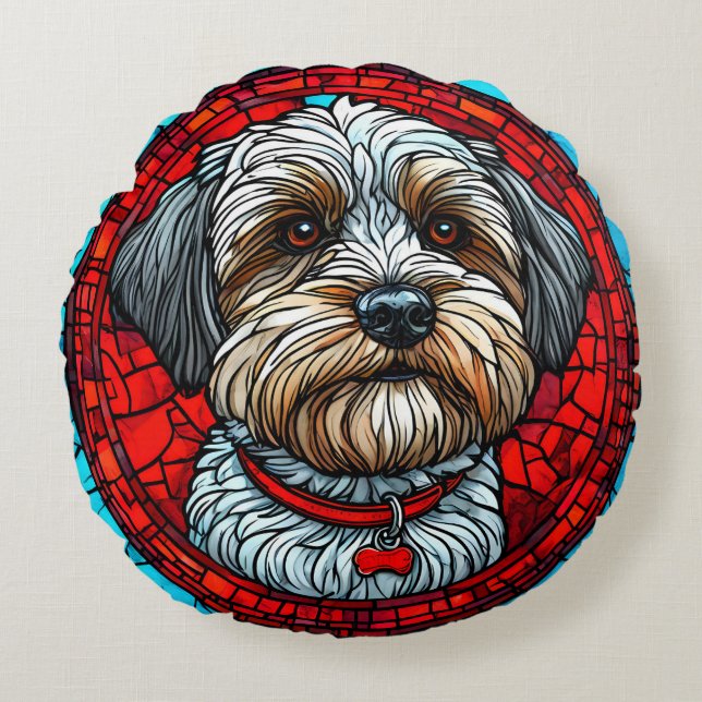 Cojín Redondo Arte de vidrio emplomado de perro (Anverso)