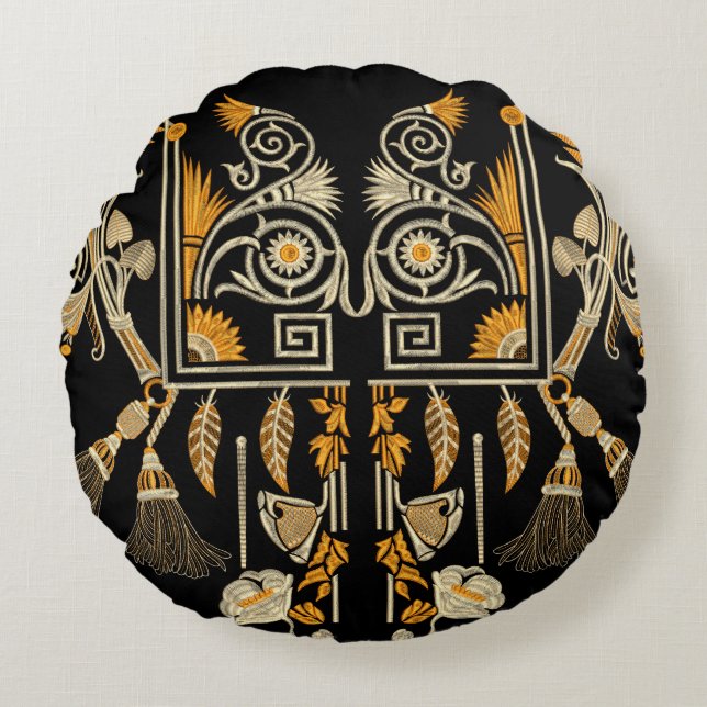 Cojín Redondo Arte egipcio frontera oro tradicional crear mano (Anverso)