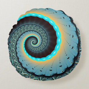 Cojín Redondo Arte en espiral fractal abstracto azul turquesa na