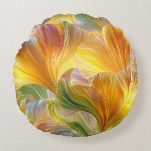 Cojín Redondo Arte floral abstracto con pétalos amarillos