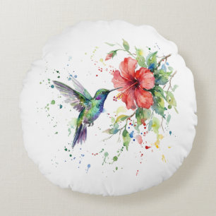 Cojín Redondo Arte floral acuarela de pájaro colibrí colorido de