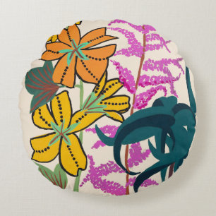 Cojín Redondo Arte Floral Art Déco Vibrante Magenta y Naranja