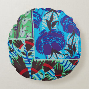Cojín Redondo Arte floral azul y verde maximalista vibrante