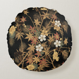 Cojín Redondo Arte Floral de Otoño Vintage Japonés Negro Dorado