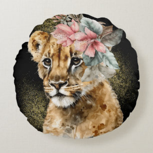 Cojín Redondo Arte floral de tigre con acuarela