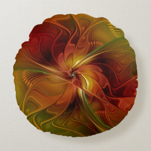 Cojín Redondo Arte floral fractal abstracto rojo naranja marrón 