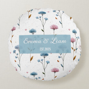 Cojín Redondo Arte Floral Personalizado Azul y Rosa Minimalista 