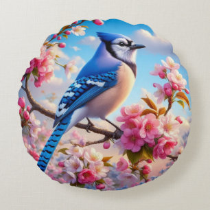 Cojín Redondo Arte floral/primaveral de Jay azul