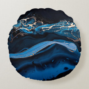 Cojín Redondo Arte fluido. Oro metálico líquido en azul abstract