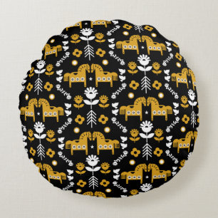 Cojín Redondo Arte folclórico escandinavo de caballos