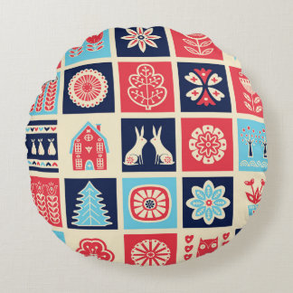 Cojín Redondo Arte folclórico escandinavo: floral vintage.