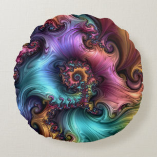 Cojín Redondo Arte fractal abstracto de flor de fantasía brillan