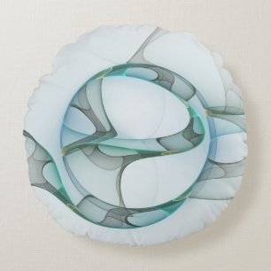 Cojín Redondo Arte fractal abstracto moderno azul turquesa gris