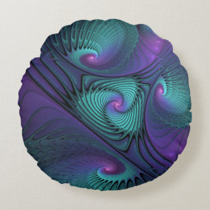 Cojín Redondo Arte fractal abstracto moderno de púrpura y turque