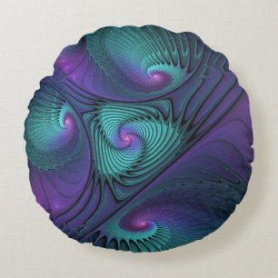 Cojín Redondo Arte fractal abstracto moderno de púrpura y turque
