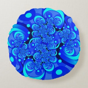 Cojín Redondo Arte fractal abstracto moderno tonos de azul