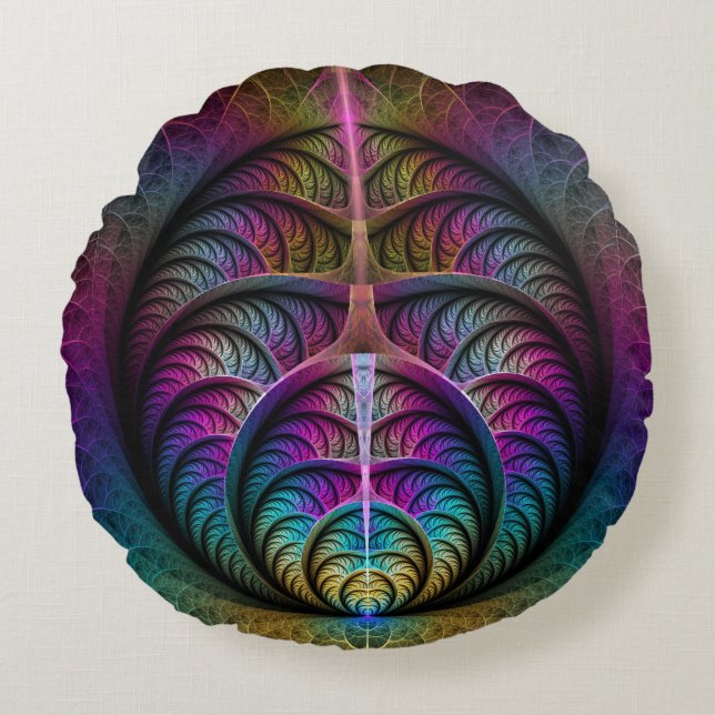 Cojín Redondo Arte fractal colorido con estampado trippy (Anverso)