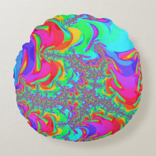 Cojín Redondo Arte fractal de arcoíris neón vibrante retro aluci