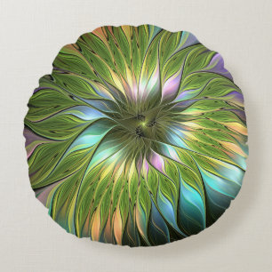 Cojín Redondo Arte fractal de flores de fantasía coloridas lumin