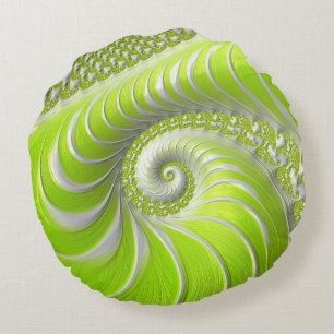 Cojín Redondo Arte fractal en espiral abstracto moderno en verde