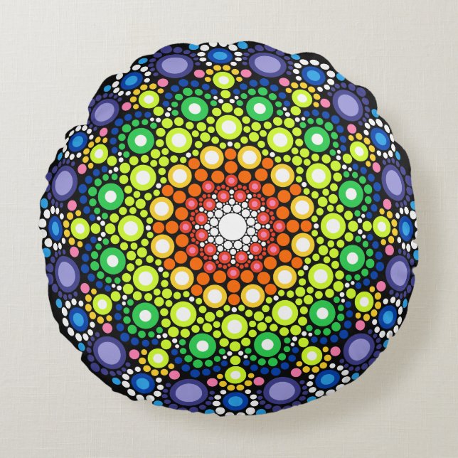 Cojín Redondo Arte Fractal Floral Dotado Retro Mandala (Anverso)