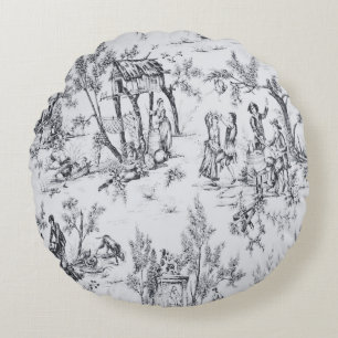 Cojín Redondo Arte francés toile de jouy elegante en blanco y ne