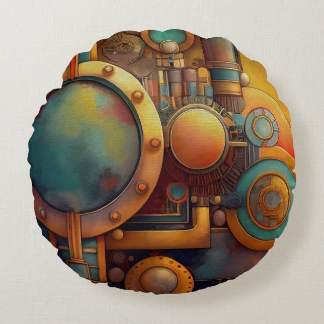 Cojín Redondo Arte geométrico industrial steampunk (Anverso)