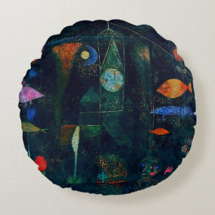 Cojín Redondo Arte gráfico de pintura abstracta Magia de peces d