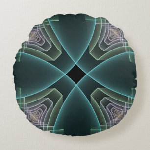 Cojín Redondo Arte gráfico geométrico fractal teal moderno