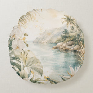 Cojín Redondo Arte mural acuarela tropical de lujo costero