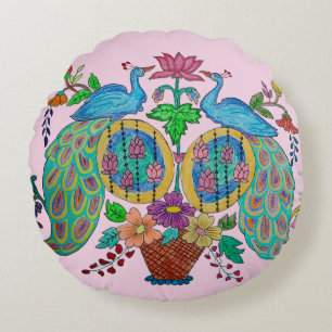 Cojín Redondo Arte popular de loto de pavo real