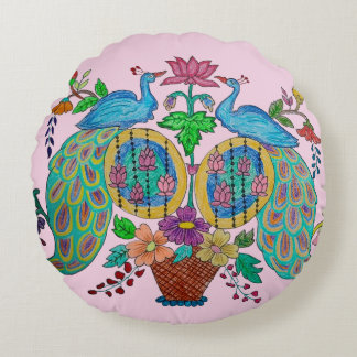 Cojín Redondo Arte popular de loto de pavo real