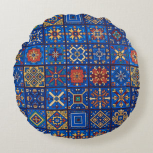 Cojín Redondo Arte Popular Geométrico Azul Cobalto Bohemio