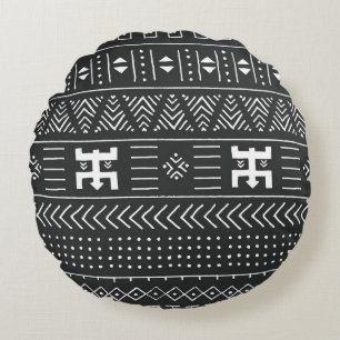 Cojín Redondo Arte tribal africano: blanco y negro geométrico