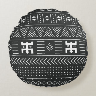 Cojín Redondo Arte tribal africano: blanco y negro geométrico