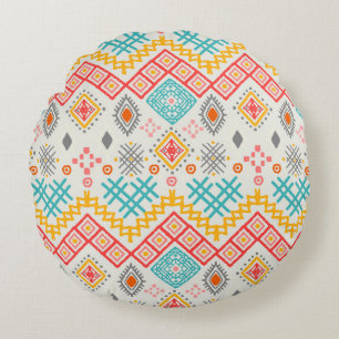 Cojín Redondo Arte tribal: huella geométrica boho.
