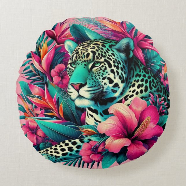Cojín Redondo Arte tropical del leopardo rosa (Anverso)